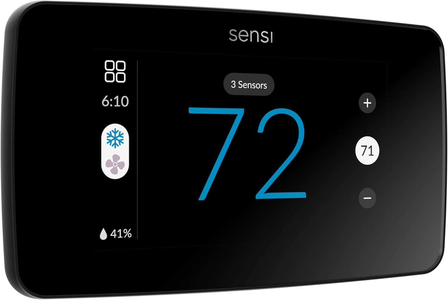 Emerson Sensi Touch 2 ST76 smart thermostat with black color touchscreen showing 72 degrees and a three-sensor status display