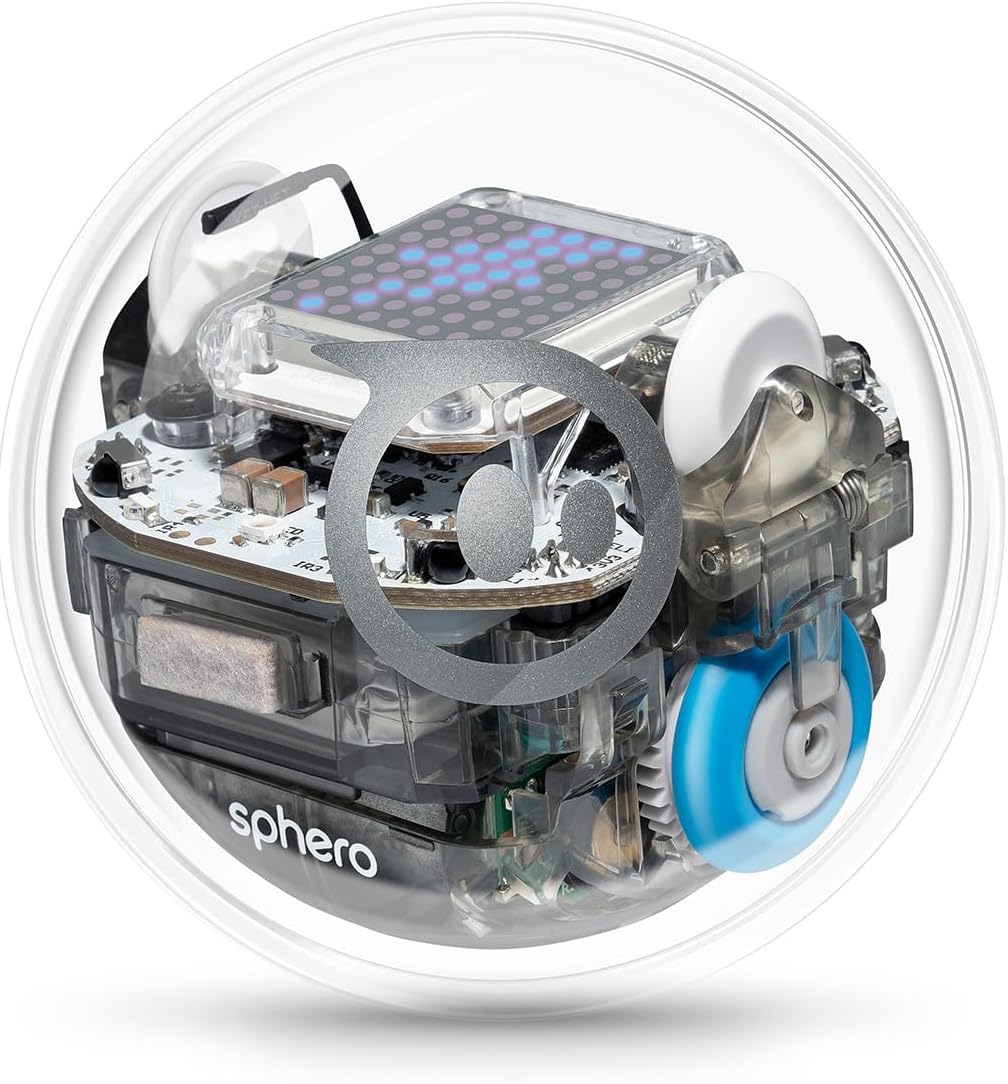 Sphero BOLT transparent coding robot ball with programmable 8x8 LED matrix on inductive charging cradle