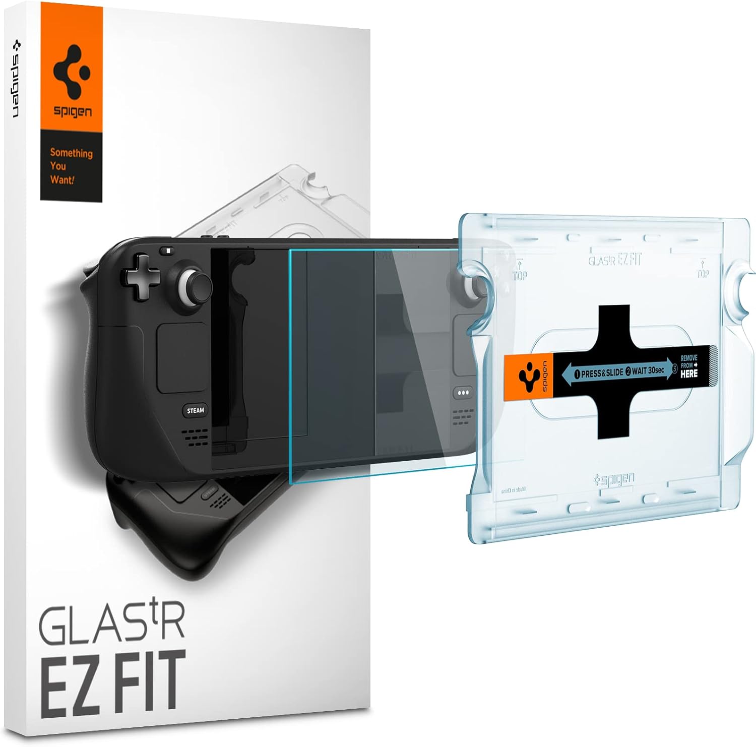 Spigen GlasTR EZ Fit tempered glass screen protector and alignment tray for the Steam Deck
