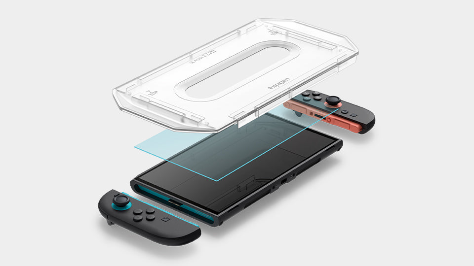 Spigen GlasTR EZ Fit tempered glass screen protector and alignment tray above a Nintendo Switch 2
