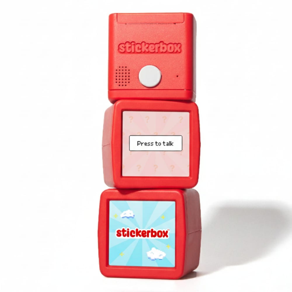 Stickerbox voice-powered AI sticker maker with push-to-talk button and screen