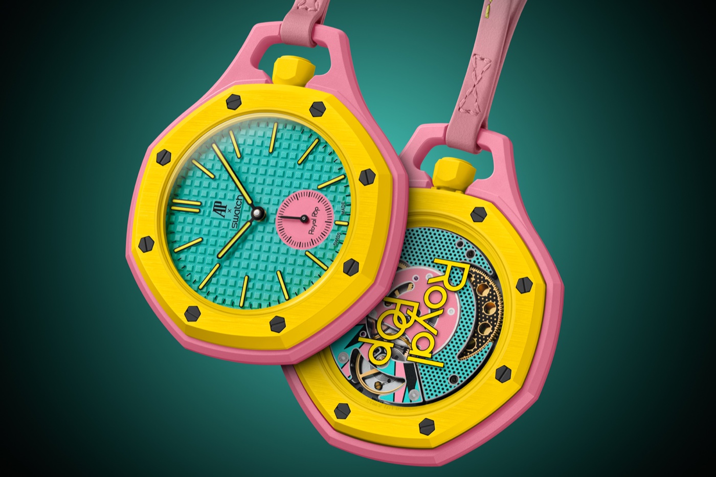 Swatch x Audemars Piguet Royal Pop convertible pocket watch with octagonal Royal Oak inspired bezel and bioceramic case in pop art colorways