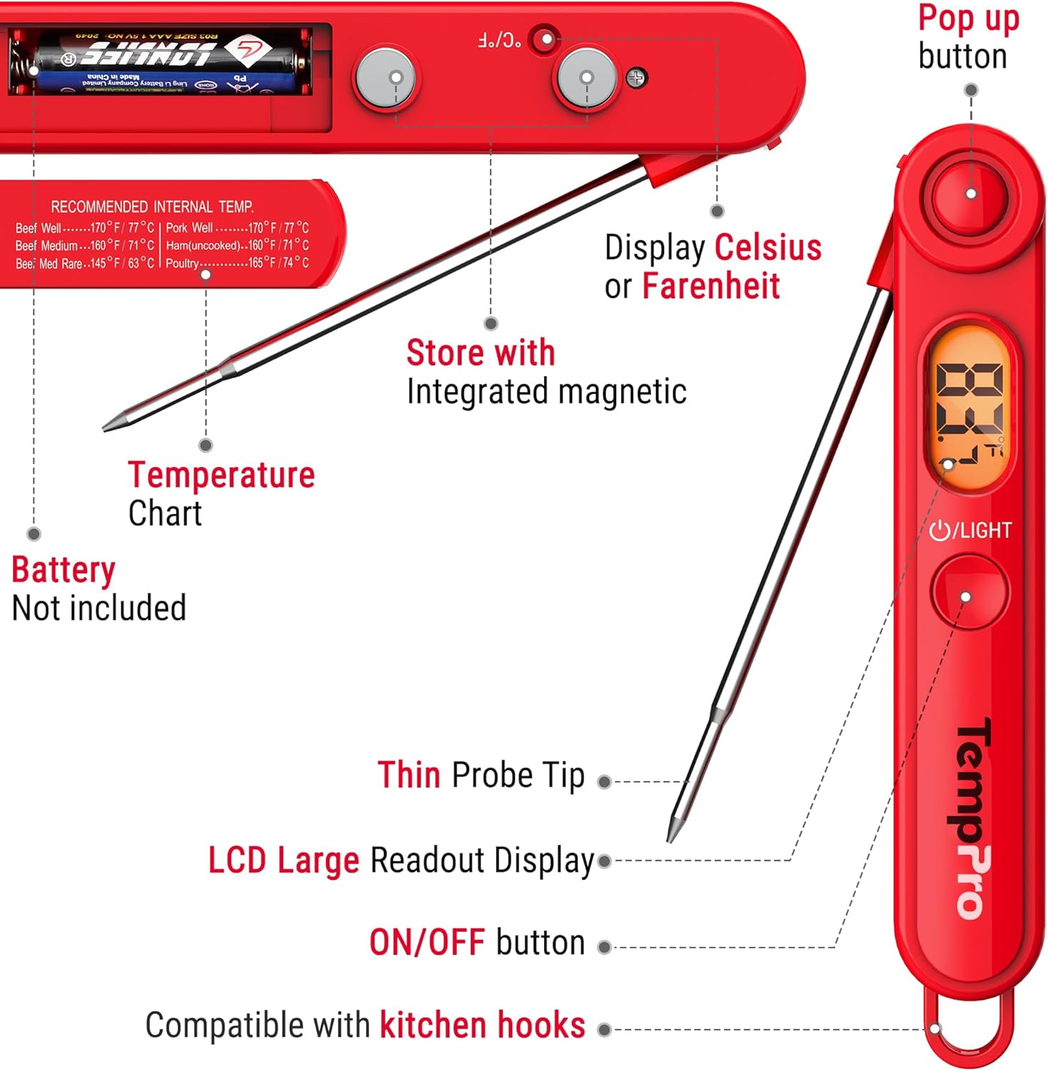TempPro TP03B digital instant read meat thermometer in red with foldable stainless steel probe and backlit LCD display