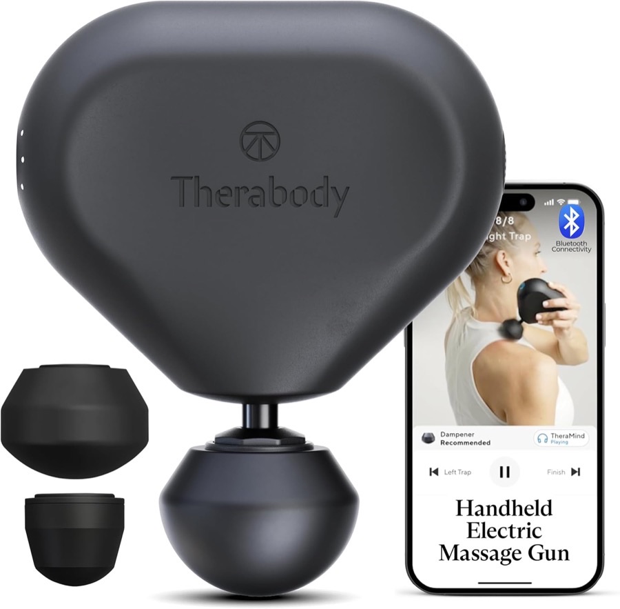 Therabody Theragun Mini 2nd Generation black handheld percussion massage gun with triangular ergonomic body, standard ball attachment, and two extra attachment heads