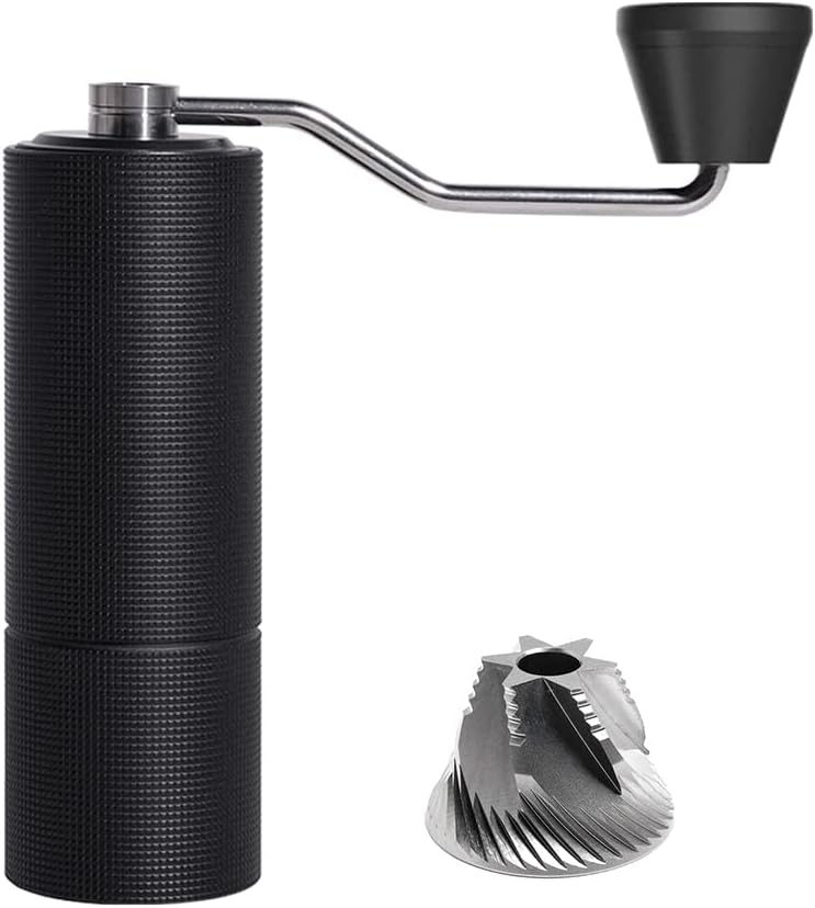 TIMEMORE Chestnut C3 black aluminum manual coffee grinder with folding stainless steel hand crank and stainless S2C conical burr shown beside it