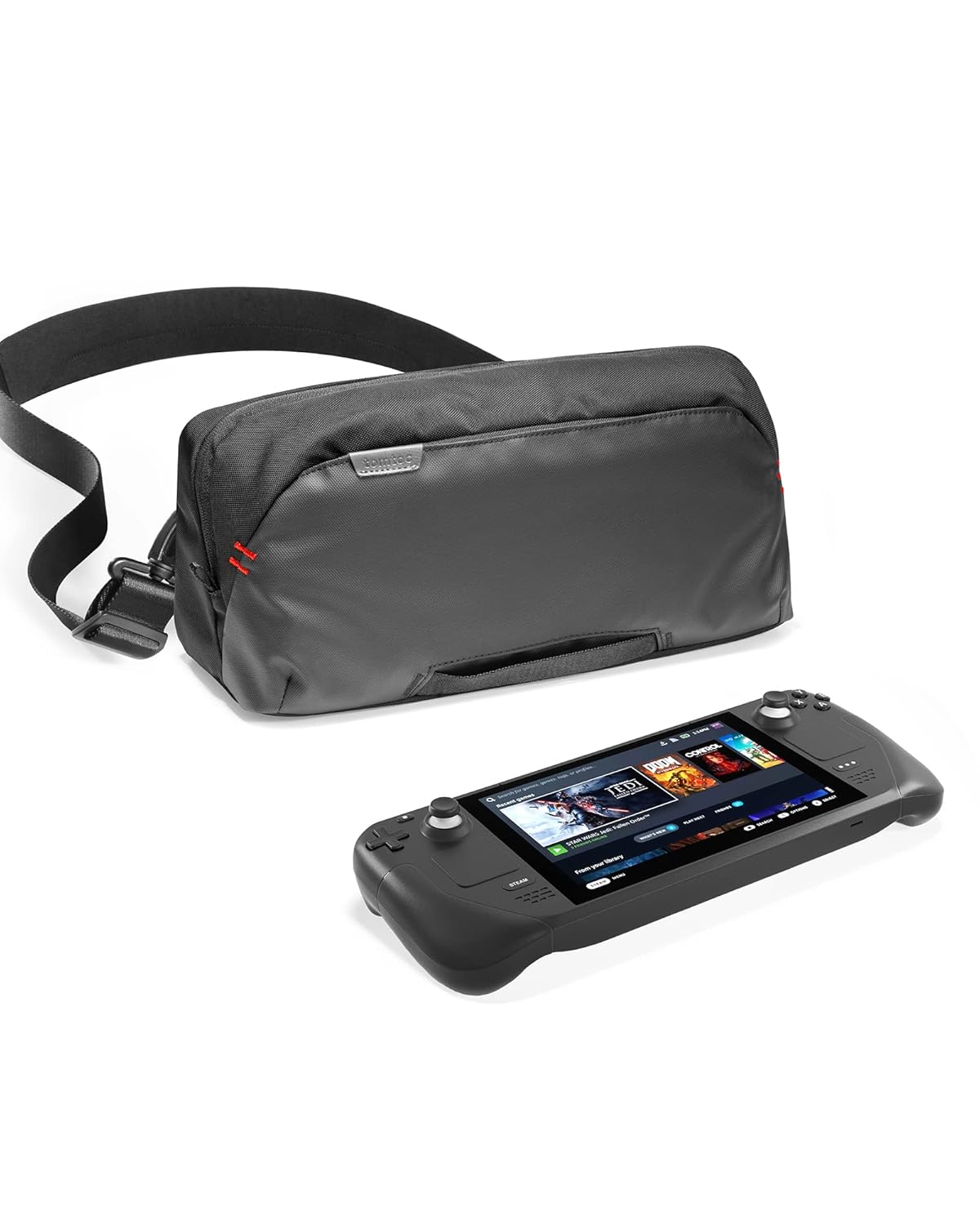 tomtoc Arccos soft-shell carrying bag for a handheld gaming console, shown closed with zipper