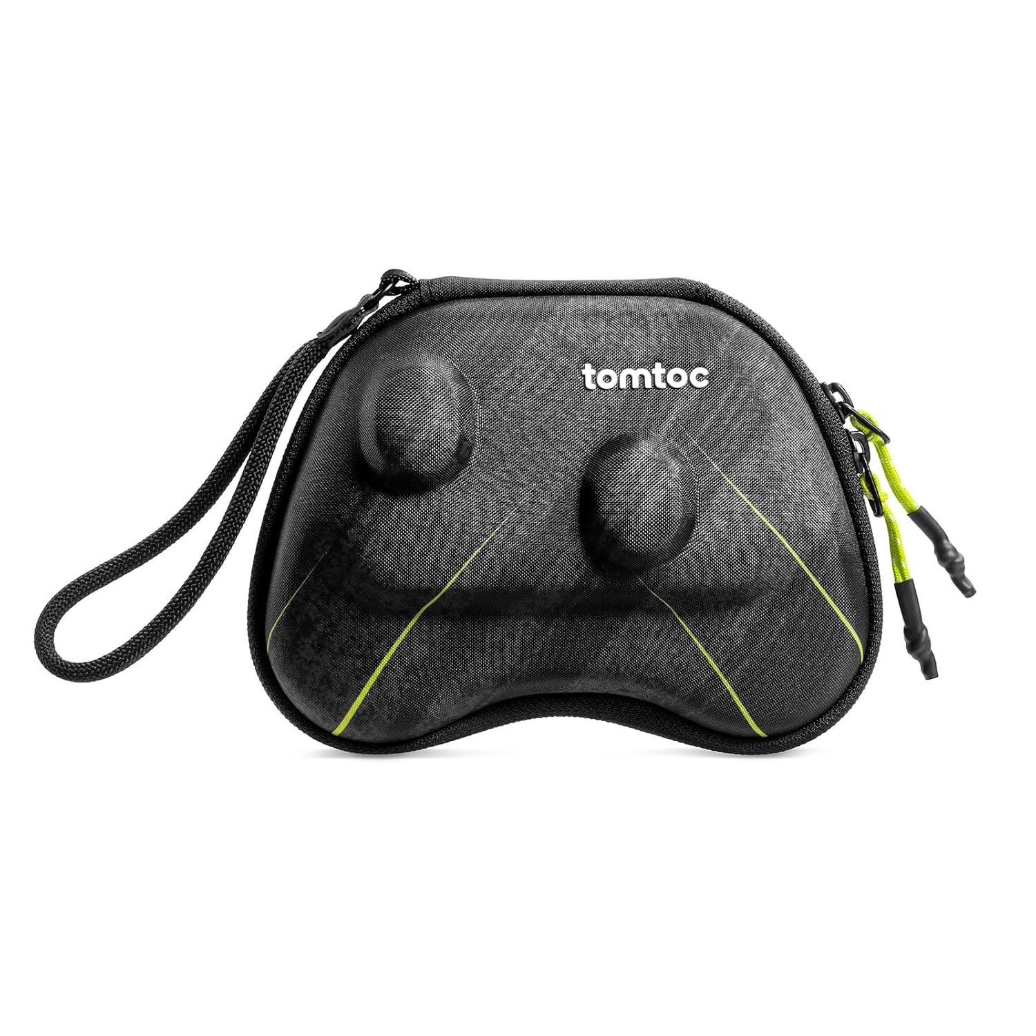 tomtoc black hard-shell protective case for a game controller, shown closed with wrist strap