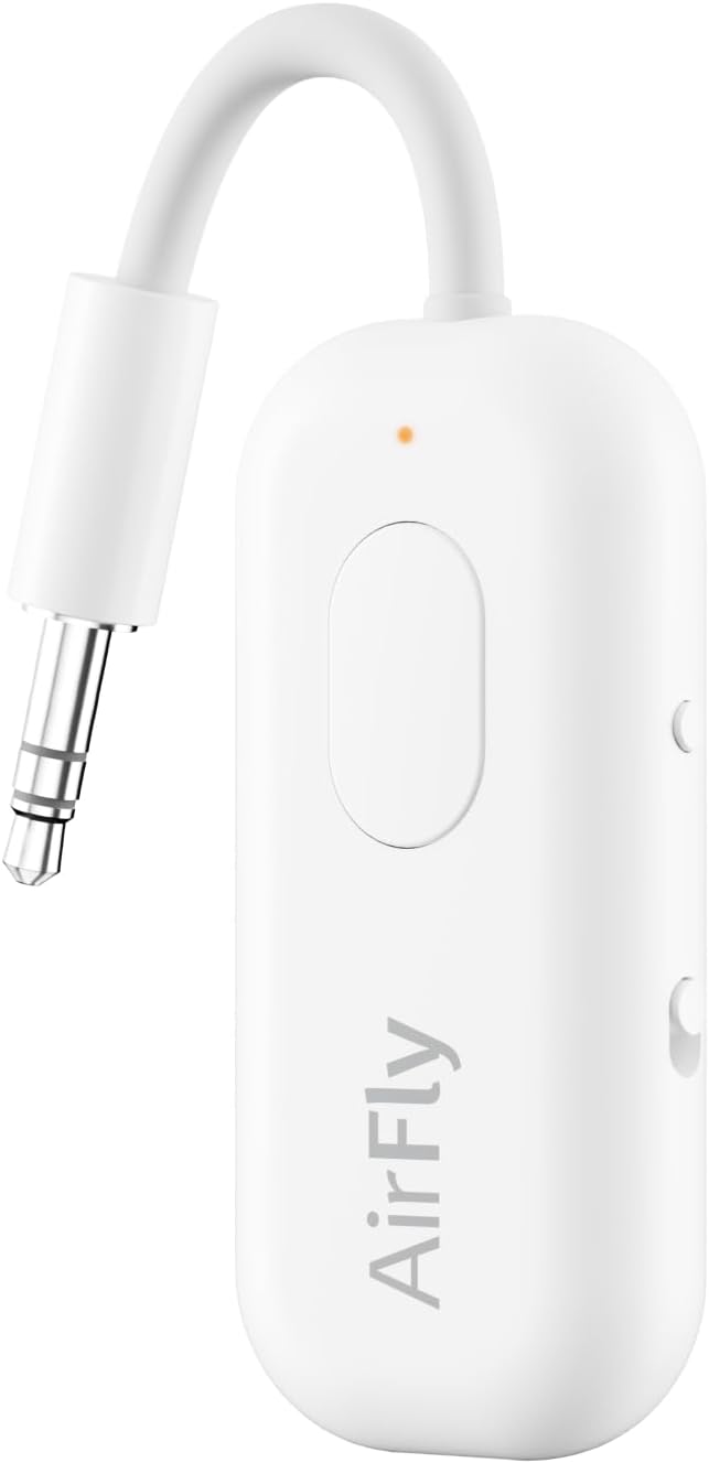 Twelve South AirFly Pro white Bluetooth audio transmitter with attached 3.5mm headphone jack and AirFly branding