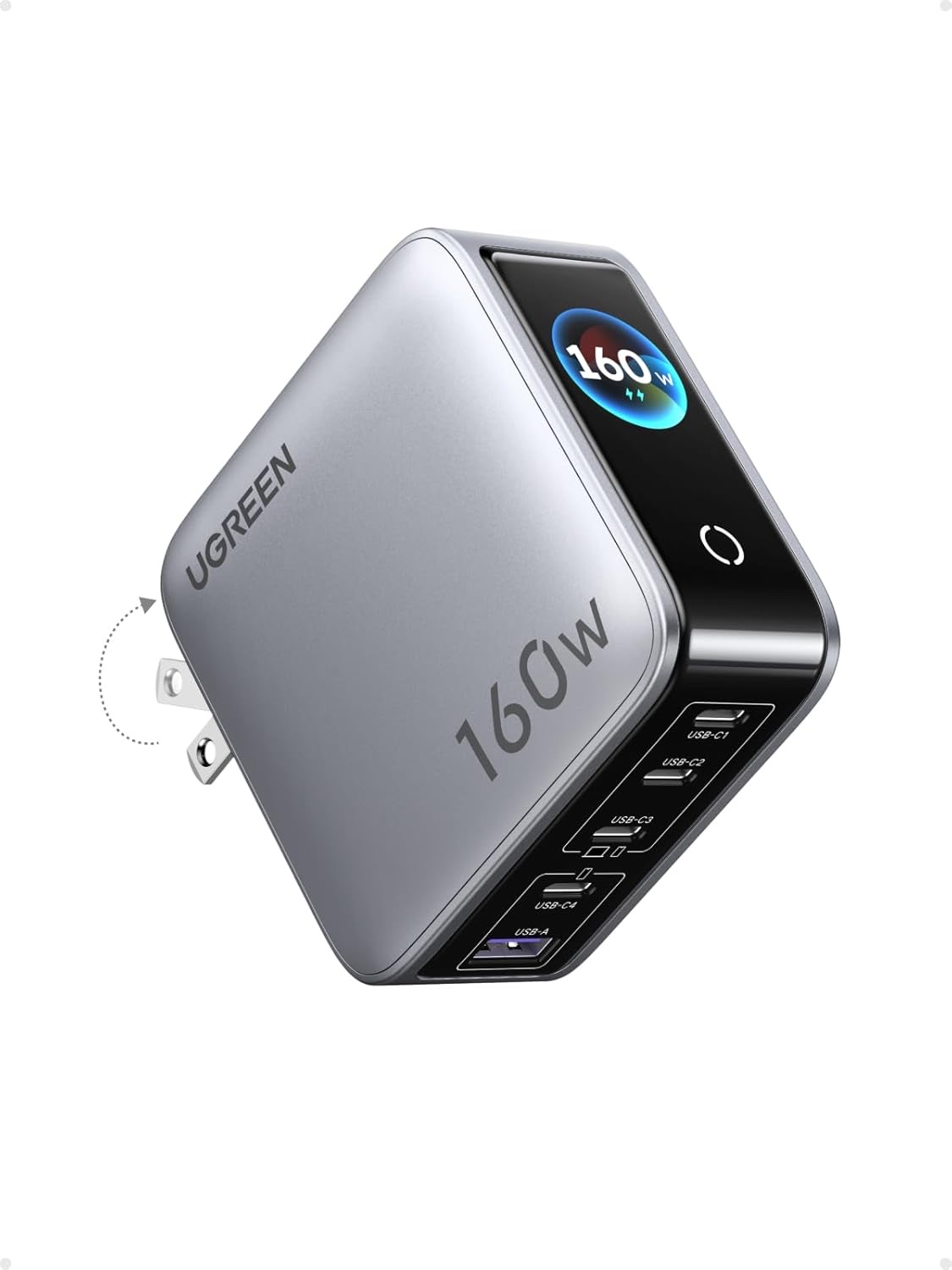 UGREEN Nexode Pro 160W Starlight Grey five-port GaN charger with color touch display and foldable US plug