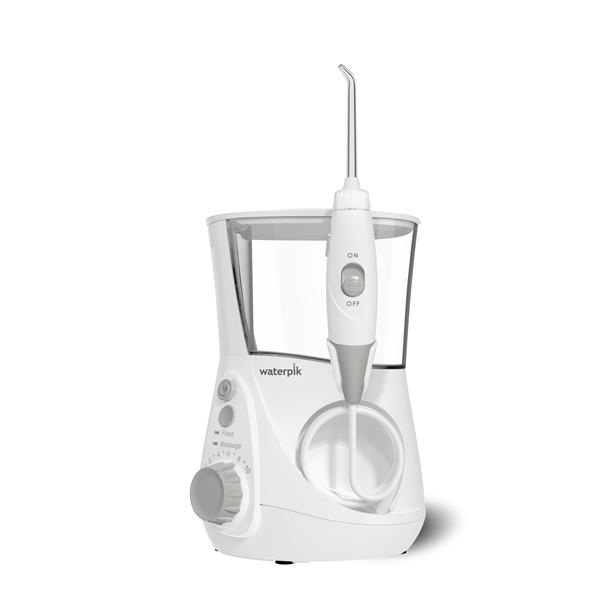 Waterpik Aquarius WP-660 white countertop water flosser with 22oz reservoir, dial pressure control, and 360-degree rotating tip handle