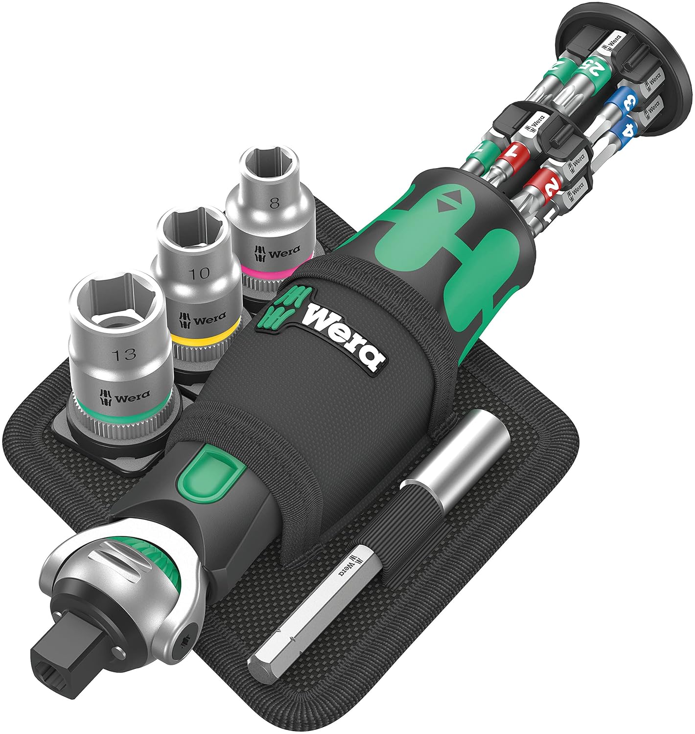 Wera 8009 Zyklop Pocket Set 2 compact ratchet kit with sockets, bits, and black green holster