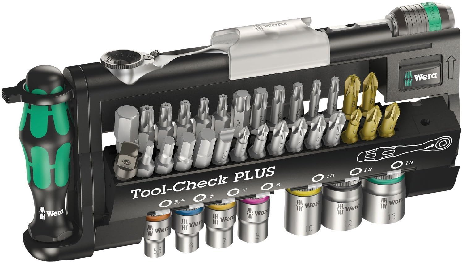 Wera Tool-Check PLUS 39-piece compact bit ratchet and socket set in black textile pouch with green accents