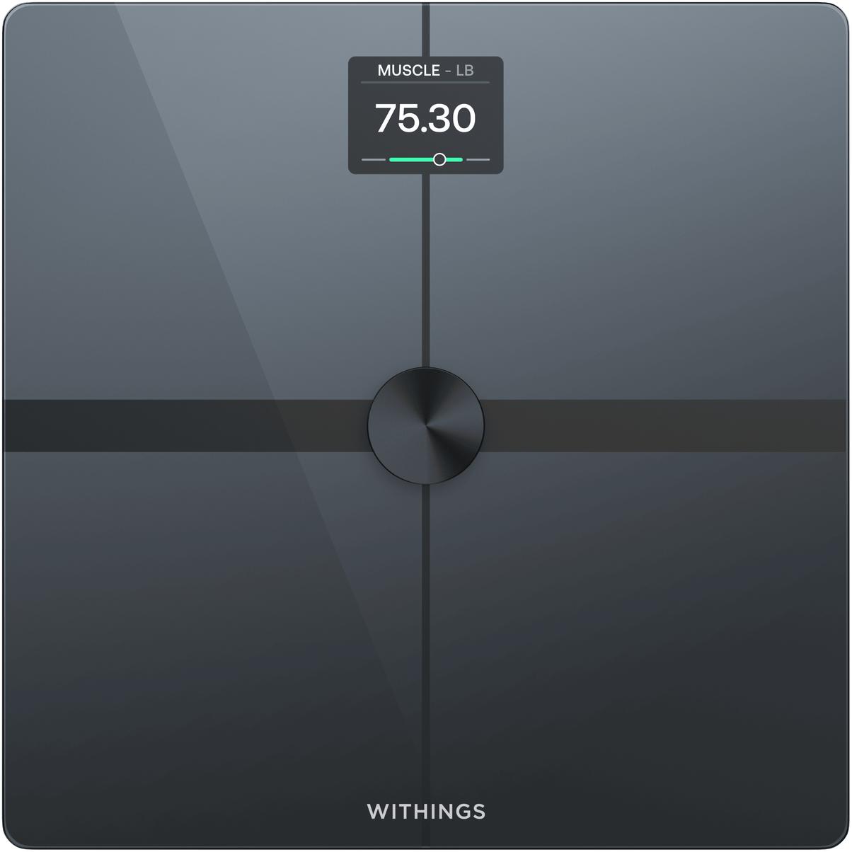 Withings Body Smart black tempered-glass smart scale with round color display showing muscle mass reading and Withings logo