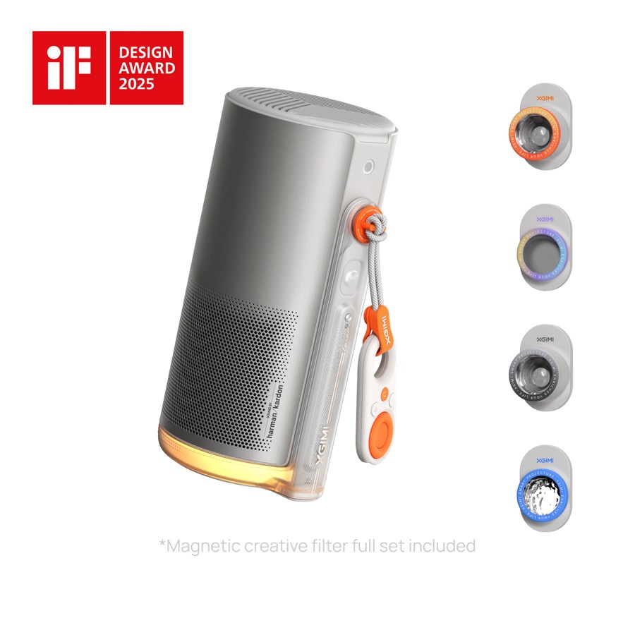 XGIMI MoGo 4 Laser cylindrical portable projector with an integrated stand beside its magnetic creative lens filters on a white background